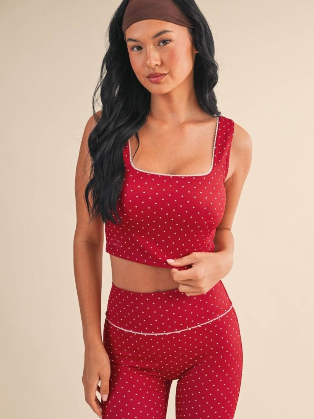 Polka Dot Print Crop Tank with Lace Trim